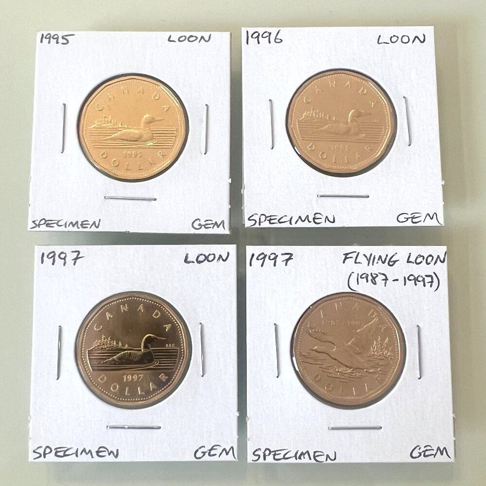 1995, 1996, 1997 and 1997 Special Flying Loon Canada Specimen $1 Loons!